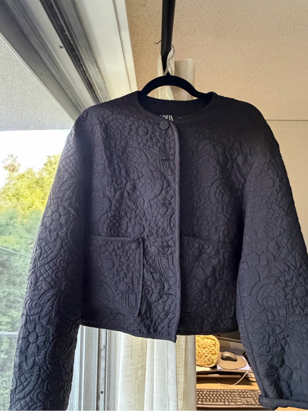 Zara Black Quilted Floral-Pattern Puffer Jacket